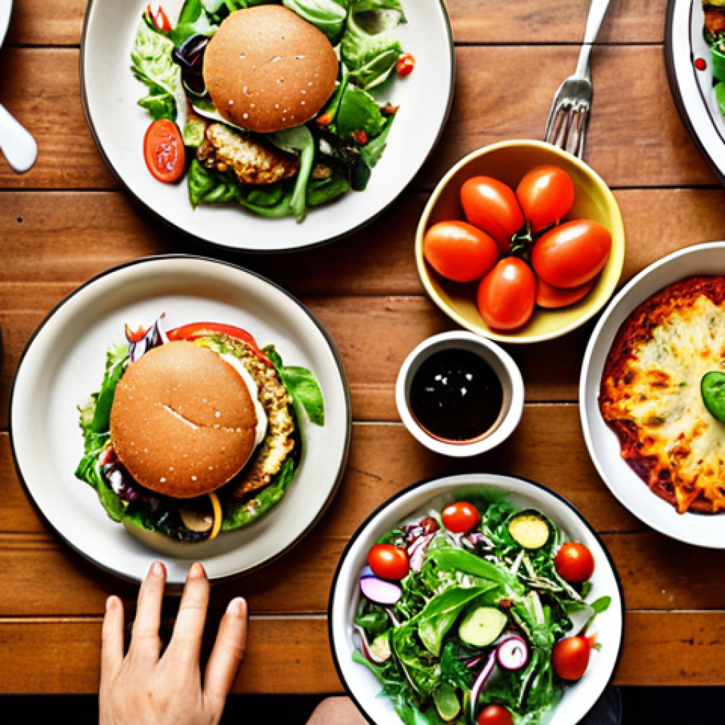 **

A vibrant and colorful spread of plant-based dishes: tofu burgers, vegetable pizzas, salads bursting with fresh ingredients.  Include a family (father, mother, two children) happily gathered around the table, enjoying the meal. The scene should convey a sense of warmth, health, and deliciousness. The style should be bright and inviting, like a food advertisement.

**
