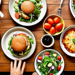 **

A vibrant and colorful spread of plant-based dishes: tofu burgers, vegetable pizzas, salads bursting with fresh ingredients.  Include a family (father, mother, two children) happily gathered around the table, enjoying the meal. The scene should convey a sense of warmth, health, and deliciousness. The style should be bright and inviting, like a food advertisement.

**