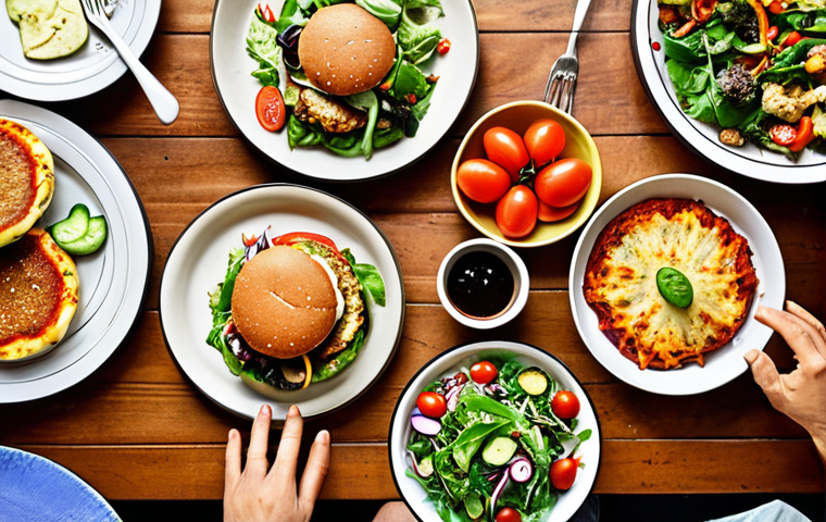 **

A vibrant and colorful spread of plant-based dishes: tofu burgers, vegetable pizzas, salads bursting with fresh ingredients.  Include a family (father, mother, two children) happily gathered around the table, enjoying the meal. The scene should convey a sense of warmth, health, and deliciousness. The style should be bright and inviting, like a food advertisement.

**