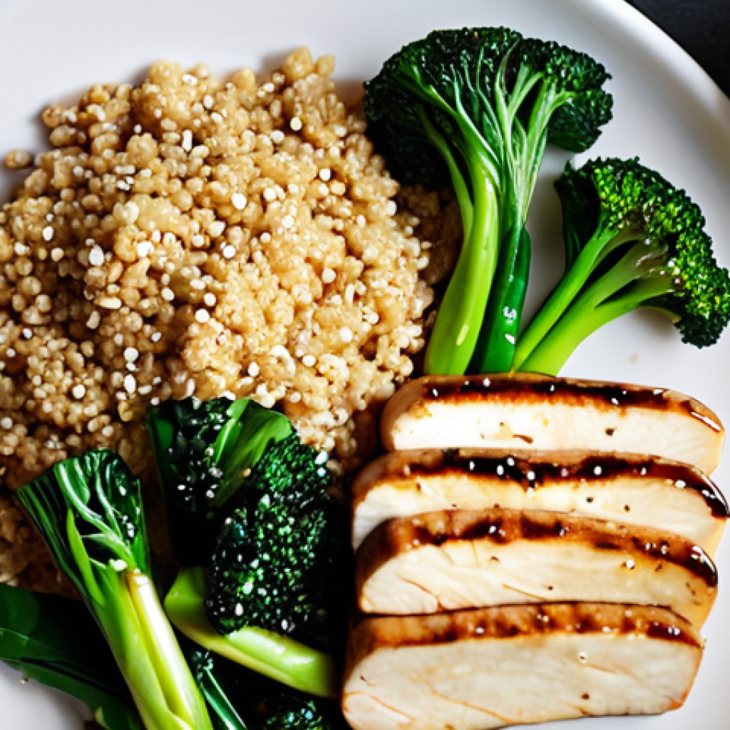 **

A colorful and vibrant plate showcasing a balanced flexitarian meal. The plate includes tofu stir-fry with dark green vegetables like bok choy, sprinkled with sesame seeds, and a side of quinoa. A glass of orange juice is beside the plate. The overall style should be bright, inviting, and emphasize health and wellness. The image needs to clearly show protein, iron, calcium, and fiber sources in a delicious way.

**
