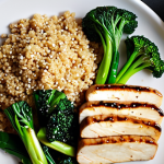 **

A colorful and vibrant plate showcasing a balanced flexitarian meal. The plate includes tofu stir-fry with dark green vegetables like bok choy, sprinkled with sesame seeds, and a side of quinoa. A glass of orange juice is beside the plate. The overall style should be bright, inviting, and emphasize health and wellness. The image needs to clearly show protein, iron, calcium, and fiber sources in a delicious way.

**