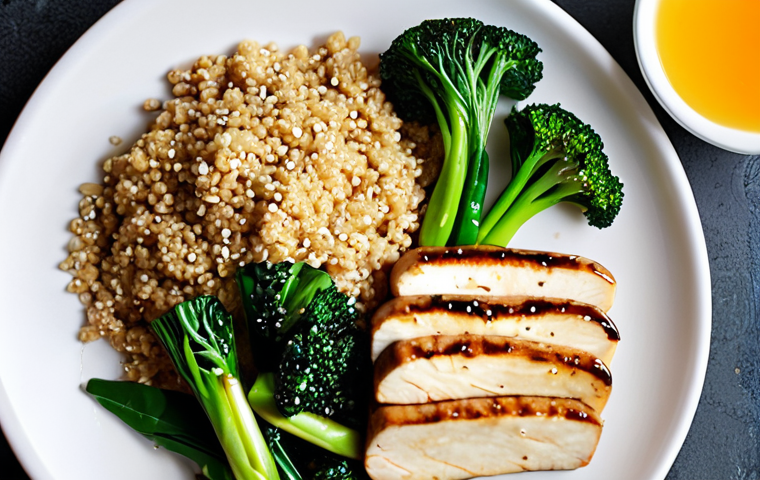**

A colorful and vibrant plate showcasing a balanced flexitarian meal. The plate includes tofu stir-fry with dark green vegetables like bok choy, sprinkled with sesame seeds, and a side of quinoa. A glass of orange juice is beside the plate. The overall style should be bright, inviting, and emphasize health and wellness. The image needs to clearly show protein, iron, calcium, and fiber sources in a delicious way.

**